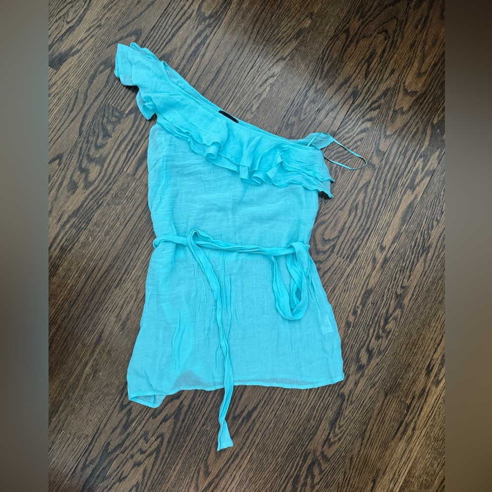 Topshop Turquoise One-Shoulder Chic Ruffle Top/Blouse worn once, size 8 US